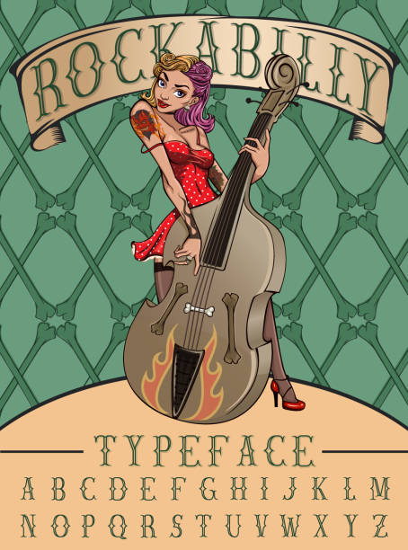 Rockabilly typeface poster. Vintage font set with pinup rock girl playing on contrabass and crossbones background. pin up tattoo stock illustrations
