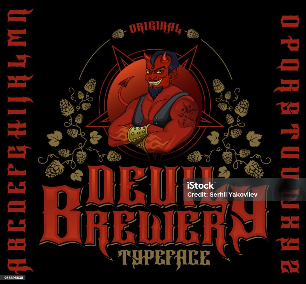 Original devil brewery typeface. Retro font set with hops ornament, devil and pentagram for making label design. Typescript stock vector