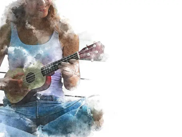 Photo of Abstract Women playing acoustic guitar on watercolor painting background.