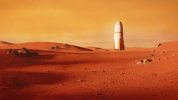 istock landscape on planet Mars, rocket landing on the red planet 958396300