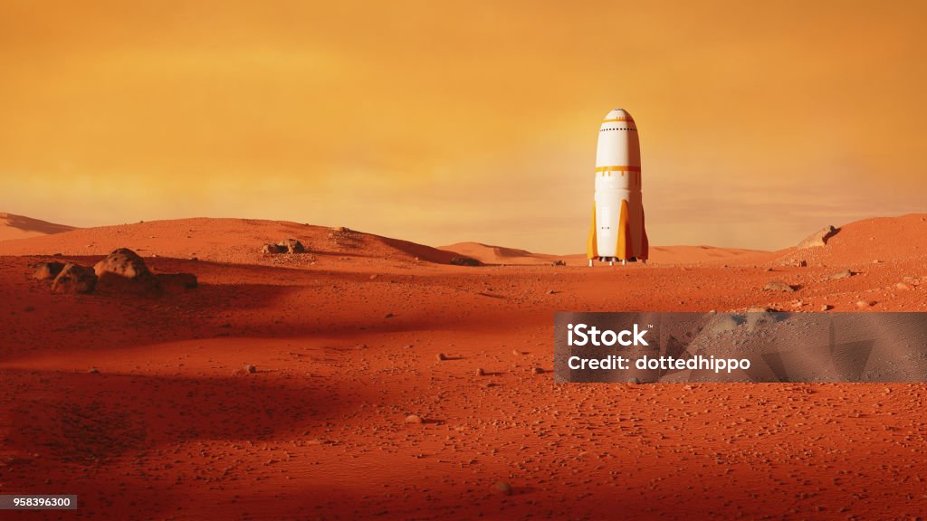 landscape on planet Mars, rocket landing on the red planet beautiful martian landscape with spaceship Mars - Planet Stock Photo