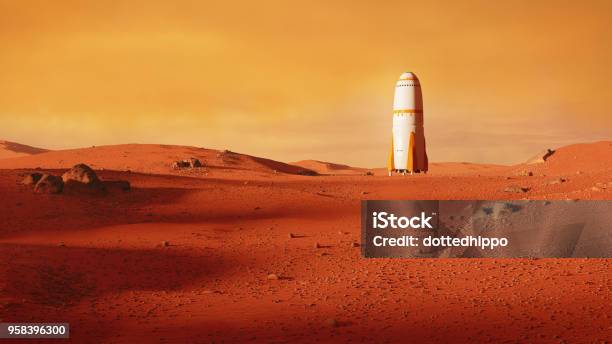 Landscape On Planet Mars Rocket Landing On The Red Planet Stock Photo - Download Image Now