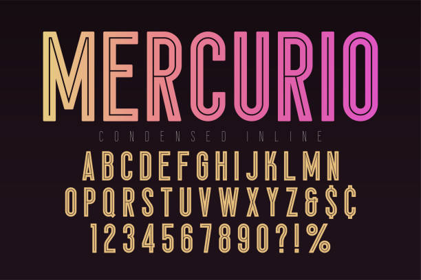 illustrazioni stock, clip art, cartoni animati e icone di tendenza di mercurio carattere in linea, carattere tipografico, alfabeto. set di tipi originale condensato - stretto