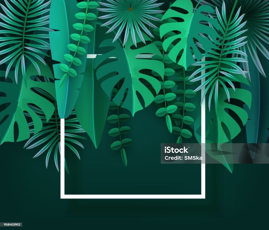 Tropical leaves and plants. Green abstract background with tropical foliage. Cut paper. Frame, Place for text. Vector illustration Leaf stock vector