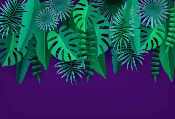 Vector illustration of Green tropical leaves and plants Isolated on ultraviolet background Tropical foliage Cut paper Vector