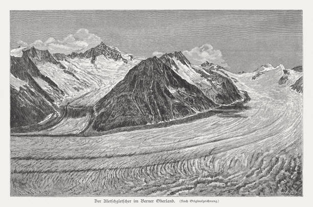 ilustrações, clipart, desenhos animados e ícones de glaciar de aletsch, bernese oberland, na suíça, gravura em madeira, publicado em 1897 - glacier mountain ice european alps