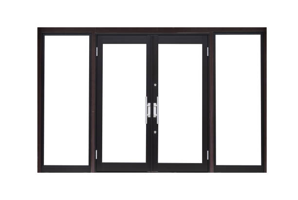 istock Black metal door isolated on white background 958411240