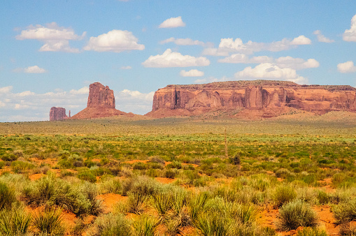 Butte and Mesa rock formations that mark the entrance to Monument Valley, Arizona, USA.