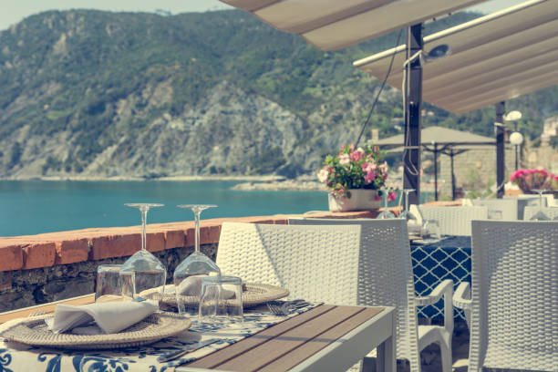 istock Empty tables waiting for guests in sea resort. 958423864