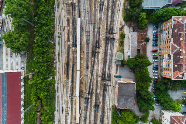 Eagle eye aerial view of train tracks at Sofia central train station. The scene is situated in Sofia, Bulgaria (Eastern Europe). The footage is taken with DJI Phantom 4 Pro video drone.