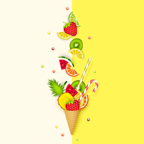 istock Ice cream, Fruit, 3D, Pastel. Abstract background with ice cream cone, lime, lemon, orange, kiwi, watermelon in paper cut style. Minimalist pastel summer food concept. Vector 958424780