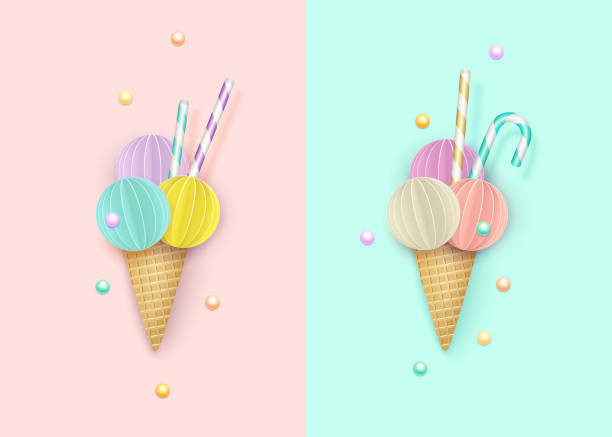 istock Ice cream cone, Background, 3D, Pastel. Paper cut style. Minimalistic summer food concept. Vector illustration 958424826
