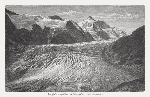 ilustrações, clipart, desenhos animados e ícones de pasterze geleira e grossglockner, alpes austríacos, gravura em madeira, publicaram 1897 - glacier mountain ice european alps