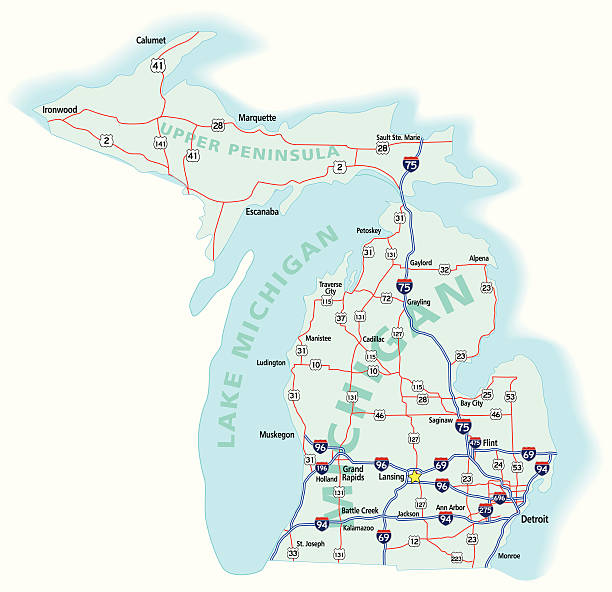 Michigan State Interstate Map  upper peninsula michigan map stock illustrations