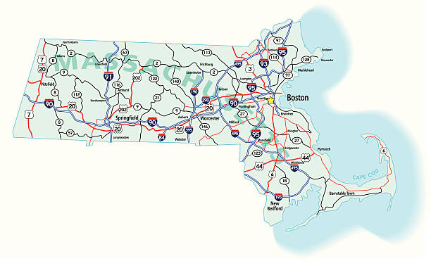 Massachusetts State Interstate Map  massachusetts map stock illustrations