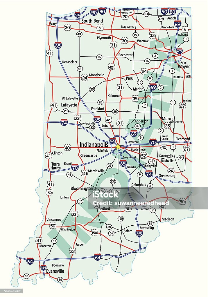 Indiana State Interstate Map Indiana state road map with Interstates, U.S. Highways and state roads. All elements on separate layers for easy editing. Map created January 2, 2010. Map stock vector