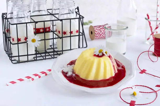 still life vanilla dessert from ring cake baking pan with raspberry sauce