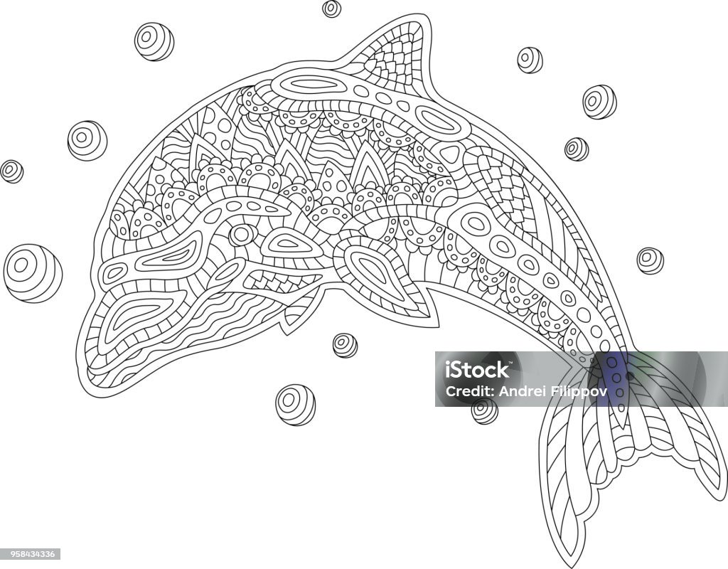 Coloring book page with dolphin Beautiful art with dolphin and bobbles on white background Dolphin stock vector
