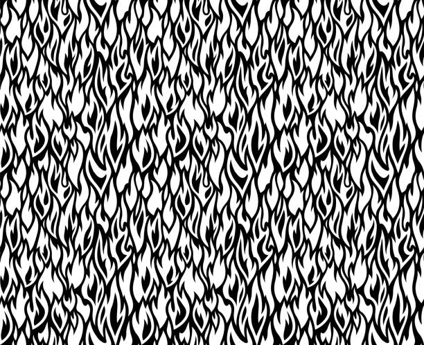 Monochrome pattern with fire Black and white flat seamless pattern with fire flame designs stock illustrations