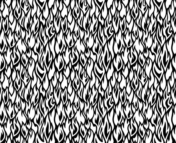 Monochrome pattern with fire Black and white flat seamless pattern with fire flame patterns stock illustrations