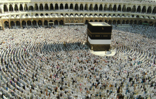 Muslims get ready to pray at Haram Mosque, Saudi Arabia facing the Kaaba during hajj season in late 2007. Non-muslims are not allowed to enter Haram Mosque or Mecca.