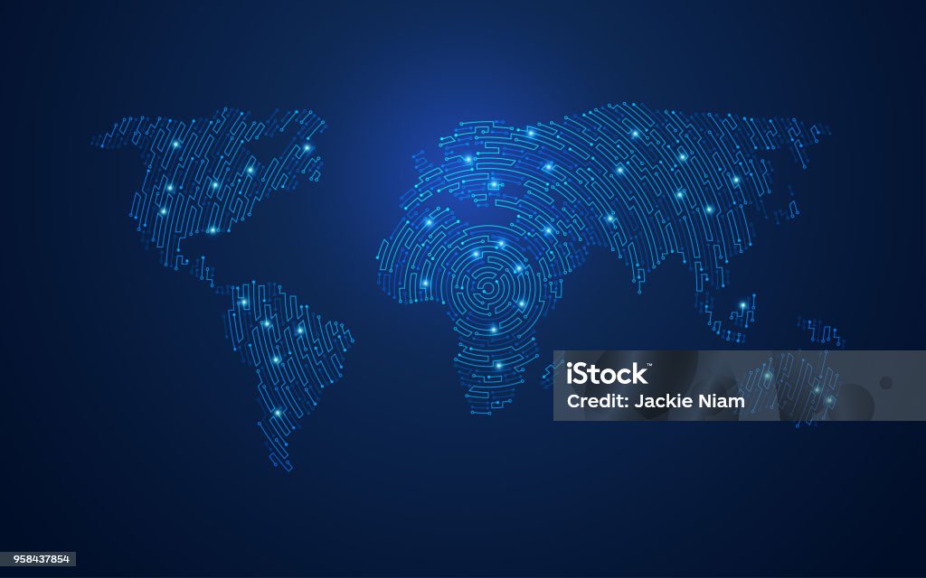 electronic world concept of global network or digital technology communication, graphic of world map combined with electronic board pattern World Map stock vector