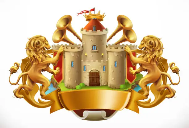 Vector illustration of Coat of arms. Castle and lions. 3d vector icon