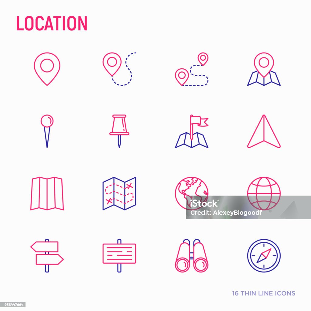 Conjunto de iconos de delgada línea Ubicación: pin, puntero, dirección, ruta, brújula, aguja de pared, cursor, navegación, GPS, binoculares. Ilustración de vector moderno. - arte vectorial de Ícono libre de derechos