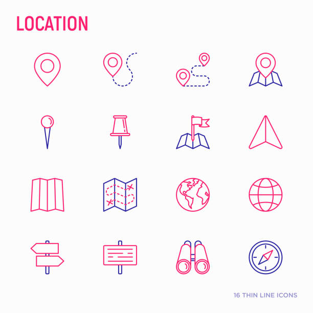 Location thin line icons set: pin, pointer, direction, route, compass, wall needle, cursor, navigation, GPS, binoculars. Modern vector illustration. Location thin line icons set: pin, pointer, direction, route, compass, wall needle, cursor, navigation, GPS, binoculars. Modern vector illustration. close to illustrations stock illustrations