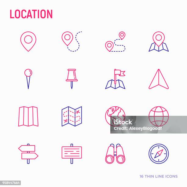 Location Thin Line Icons Set Pin Pointer Direction Route Compass Wall Needle Cursor Navigation Gps Binoculars Modern Vector Illustration Stock Illustration - Download Image Now