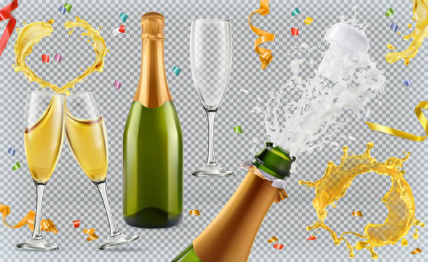 ilustraciones, imágenes clip art, dibujos animados e iconos de stock de champagne. vidrios, botellas, splash. conjunto de iconos de vector realista 3d - champagne