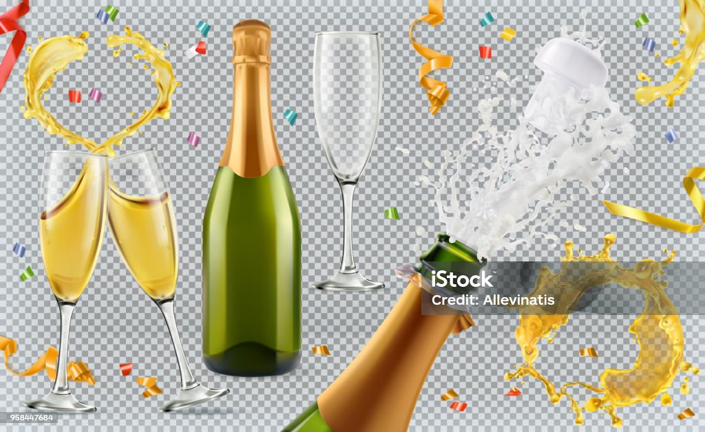 シャンパン。ガラス、ボトル、スプラッシュ。3 d のリアルなベクター アイコン セット - シャンパンのロイヤリティフリーベクトルアート