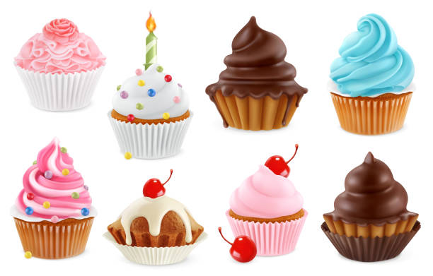 cupcake, fee kuchen. 3d realistische vektor icon-set - muffin cupcake cake chocolate stock-grafiken, -clipart, -cartoons und -symbole