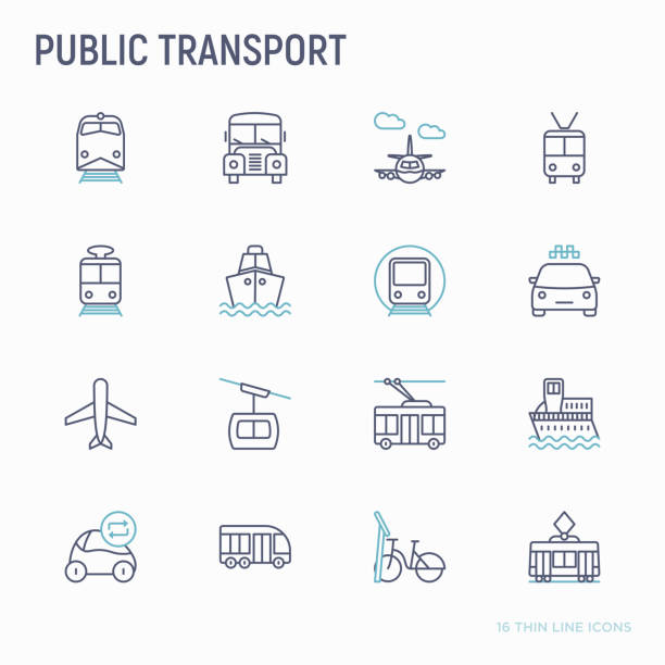 細い線アイコンを設定する公共交通機関: 鉄道、バス、タクシー、船、フェリー、トロリーバス、トラム、カーシェア リング、自転車。正面と側面のビュー。モダンなベクター イラストです - public transportation cable car ferry bicycle点のイラスト素材／クリップアート素材／マンガ素材／�アイコン素材
