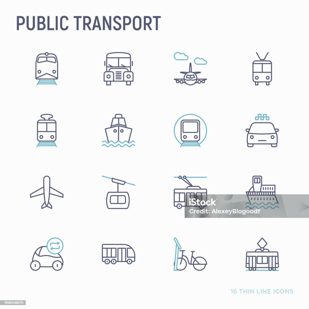 Public transport thin line icons set: train, bus, taxi, ship, ferry, trolleybus, tram, car sharing, bicycle. Front and side view. Modern vector illustration. Icon Symbol stock vector