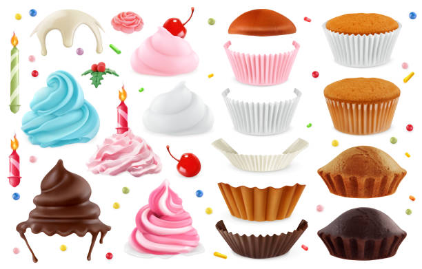 ilustraciones, imágenes clip art, dibujos animados e iconos de stock de fabricante de magdalenas. creación de conjunto de elementos de diseño. iconos vector realista 3d - muffin cupcake cake chocolate