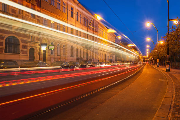 istock Blurred light trails of Prague tram. Prague, Czech republic 958449822