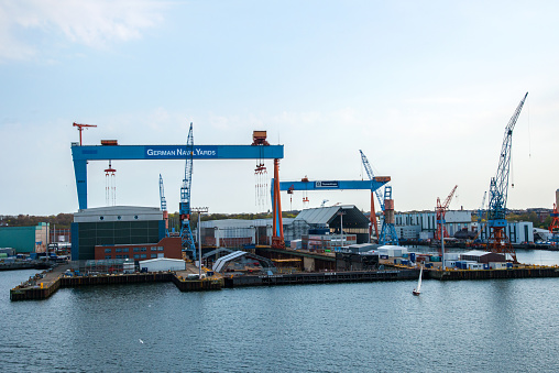 commercial port with loading and unloading station for container ships