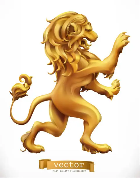 Vector illustration of Golden Lion. Emblem. 3d realistic vector icon