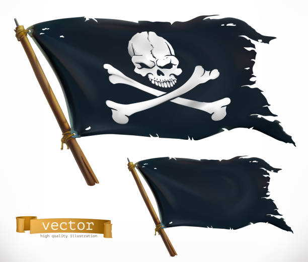 ilustrações de stock, clip art, desenhos animados e ícones de pirate. black flag. jolly roger 3d vector icon - pirate corsair cartoon danger