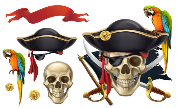 ilustrações de stock, clip art, desenhos animados e ícones de skull and parrot. pirate emblem. 3d vector icon set - pirate corsair cartoon danger