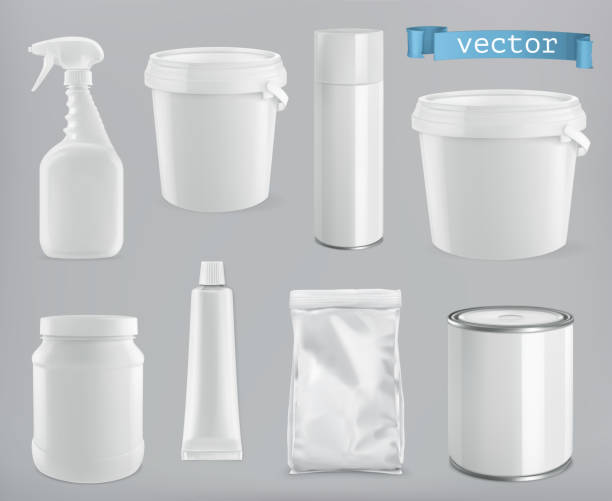 istock Packaging building and sanitary. White plastic, metal and paper pack. 3d realism, vector mockup set 958450230