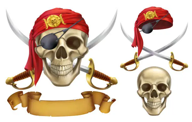 Vector illustration of Skull and sabers. Pirate emblem. 3d vector icon set