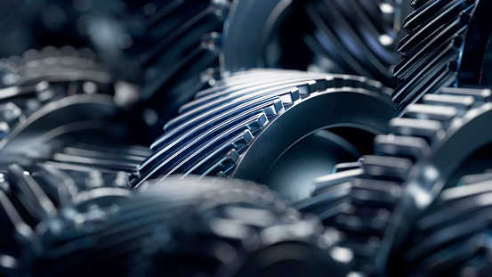 Ilustración 3D de las ruedas del engranaje motor, vista de cerca photo