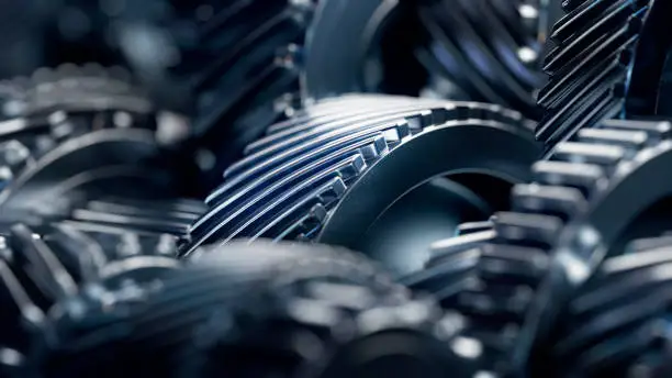 3d illustration of engine gear wheels, closeup view.
