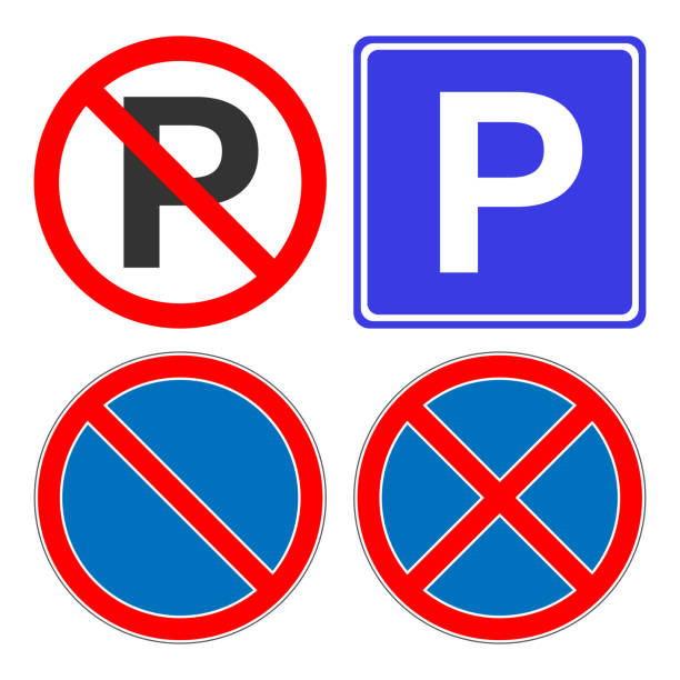 아무 주차장, 아니 중지, 대기, 서 흔적. 주차 지역 부호입니다. 벡터 아이콘 - parking sign letter p sign symbol stock illustrations