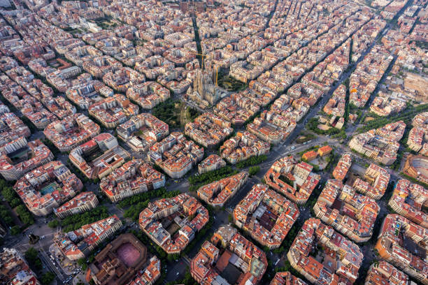 istock Barcelona aerial view, Eixample residencial district with typical urban grid, Spain 958466204