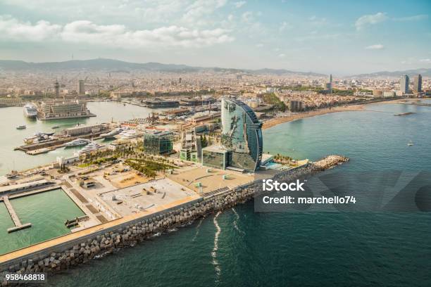 Barcelona Aerial Skyline Panorama And The Beach On Sunny Afternoon Spain Stock Photo - Download Image Now