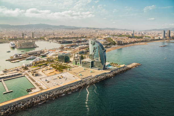 barcelona aerial, skyline panorama and the beach on sunny afternoon, spain - barcelona imagens e fotografias de stock