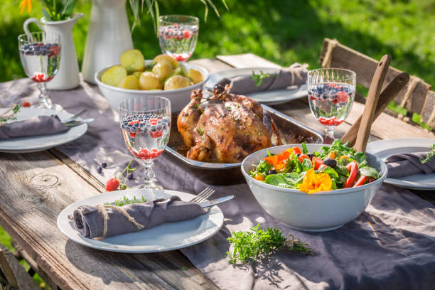 istock Table in garden with salad and chicken served in summer 958469098
